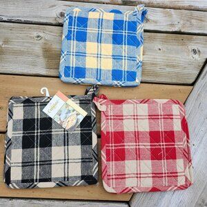 Square Pot Holder Trivet Lot of Three BNWT Red Black Blue Checkered Stripe Plaid